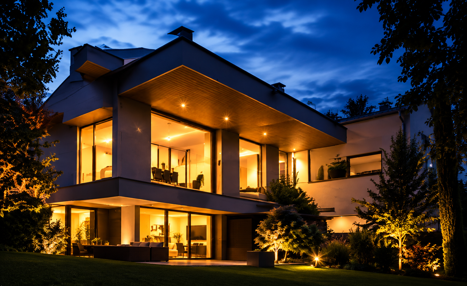 Maison contemporaine éclairée à la tombée de la nuit