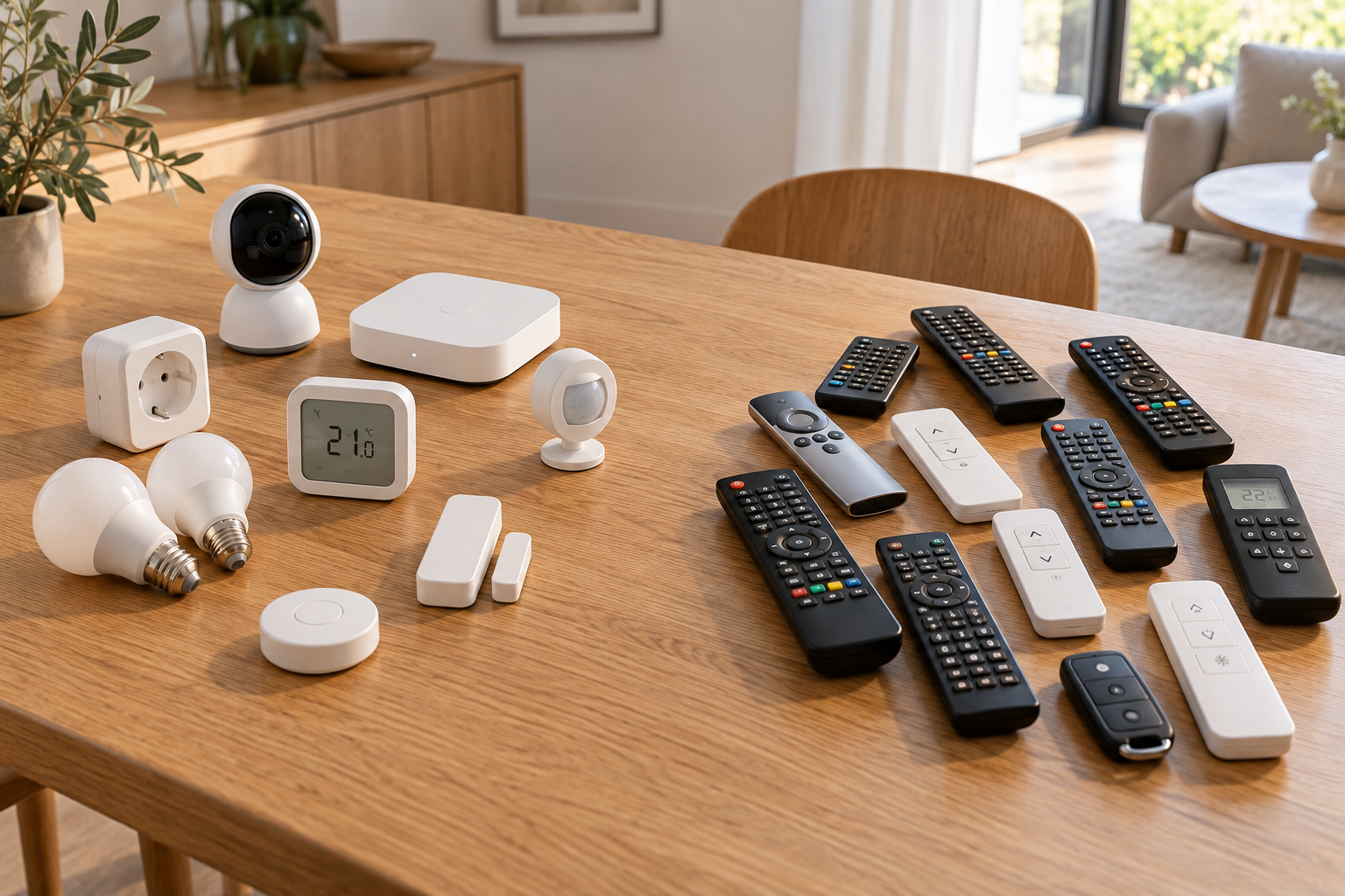 Objets domotiques et télécommandes disposés sur une table